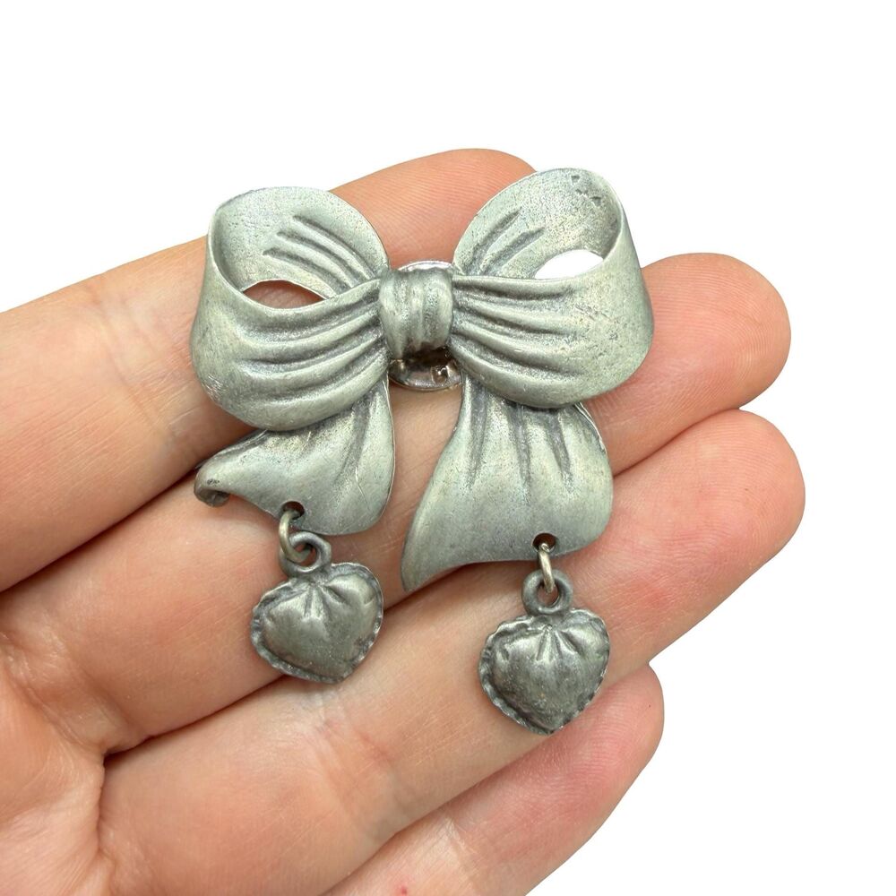 Vintage Jewelry LCD Ribbon Pin with Dangling Hearts Bow Brooch